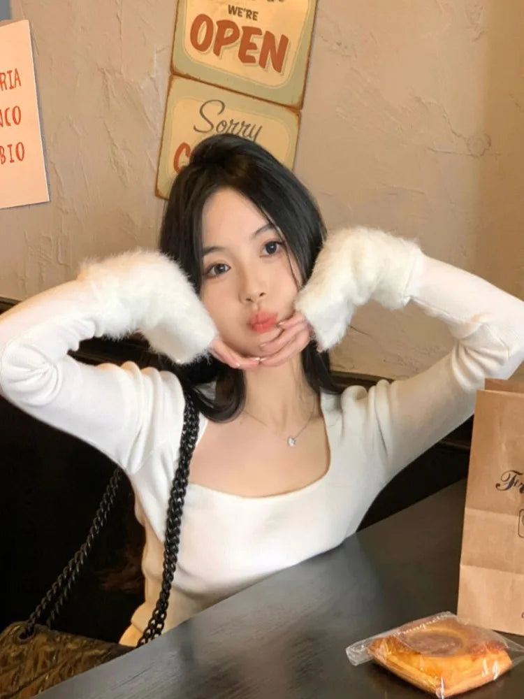 Harajuku Knitted Patchwork Fur Sweet Crop T-Shirts Women Slim Fit Y2k Aesthetic Tees Autumn Vintage Grunge Bottoming Tshirts