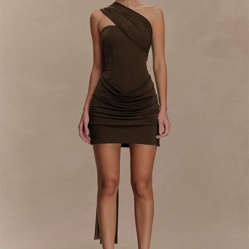 Load image into Gallery viewer, One Shoulder Backless Sexy Mini Dress Women Fashion Off-shoulder Sleeveless Backless Draped Ruched Bodycon Club Dress
