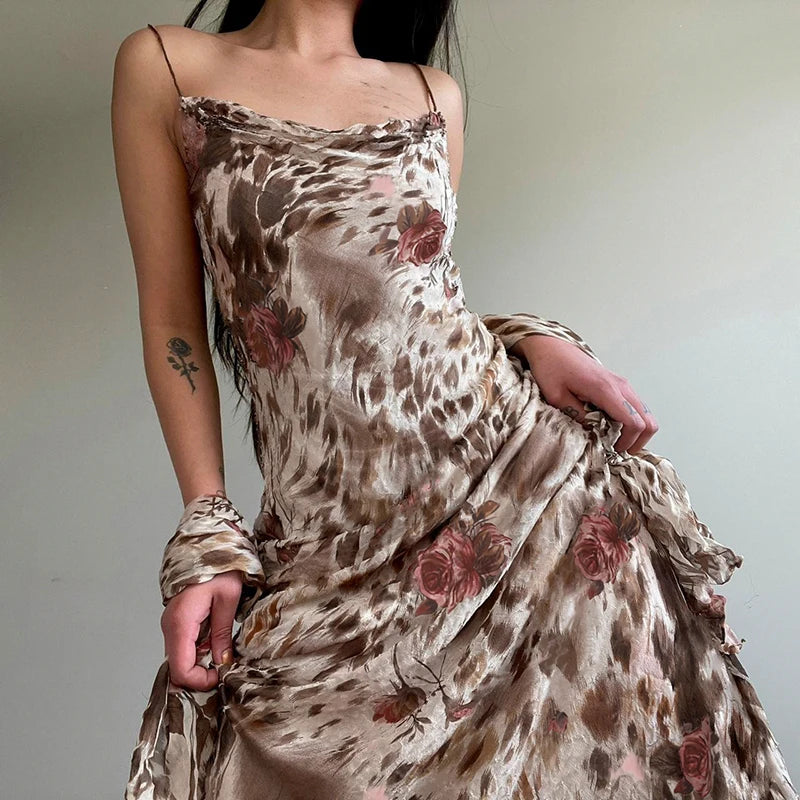 Vintage Fashion Leopard Flowers Print Long Dress Party Spaghetti Strap Y2K Chic Holidays Sundress Elegant Women Sexy