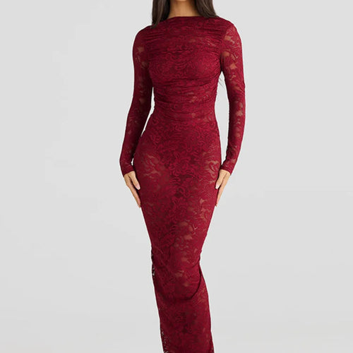 Load image into Gallery viewer, Lace Backless Sexy Maxi Dress For Women Gown Fashion Solid O Neck Long Sleeve Ruched Bodycon Club Long Dress Vestido
