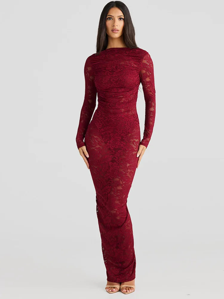Lace Backless Sexy Maxi Dress For Women Gown Fashion Solid O Neck Long Sleeve Ruched Bodycon Club Long Dress Vestido