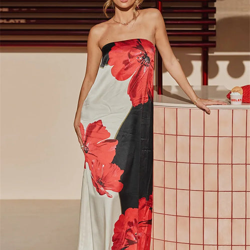 Load image into Gallery viewer, Strapless Floral Print Sexy Maxi Dress Women Gown Off-shoulder Sleeveless Backless A-line Club Long Dress Vestido
