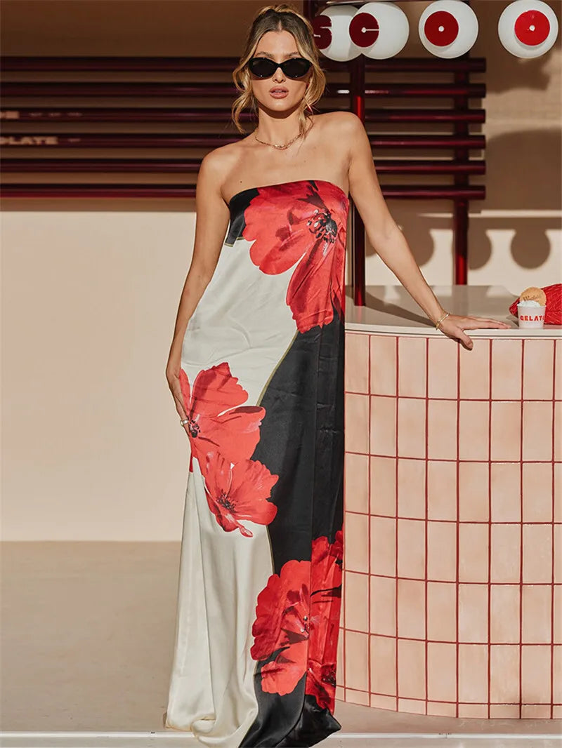 Strapless Floral Print Sexy Maxi Dress Women Gown Off-shoulder Sleeveless Backless A-line Club Long Dress Vestido