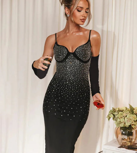 Glitter Spaghetti Strap Sexy Maxi Dress For Women Black Sparkle Off-shoulder Backless Bodycon Club Party Long Dress
