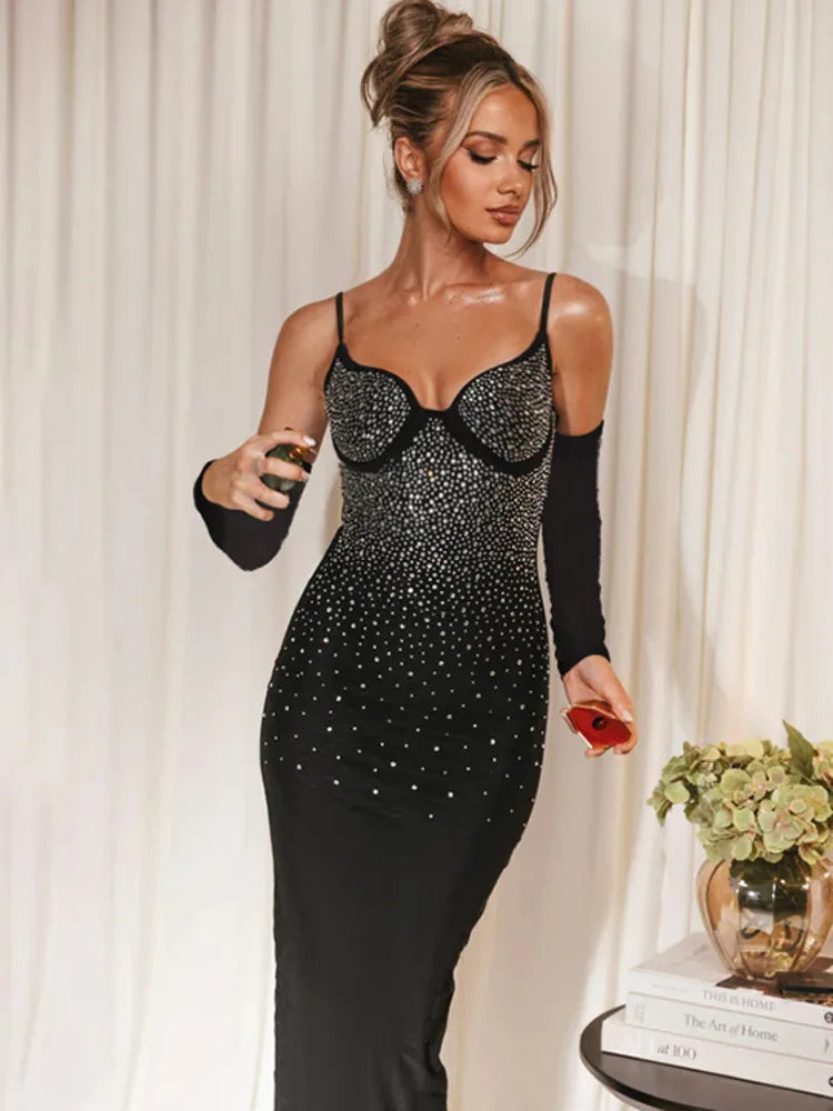 Glitter Spaghetti Strap Sexy Maxi Dress For Women Black Sparkle Off-shoulder Backless Bodycon Club Party Long Dress