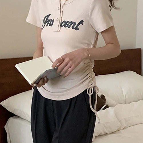 Load image into Gallery viewer, Summer Vintage Drawstring Women&#39;s T-shirts American Style Chic Button Short Sleeve Fashion Female Streetwear Outfits
