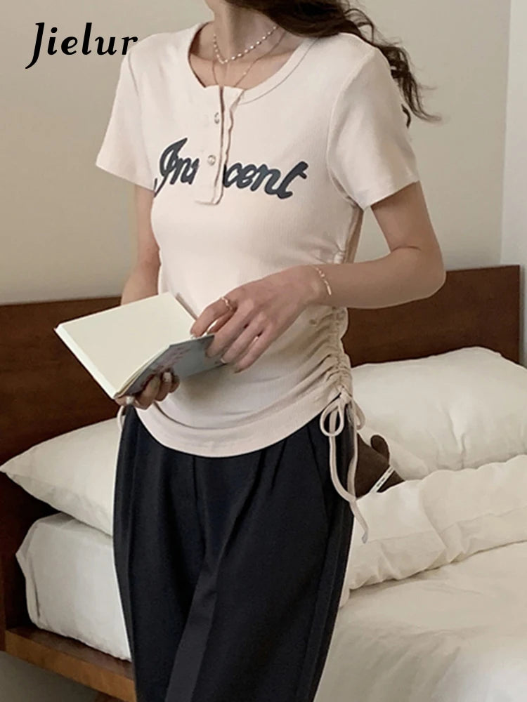 Summer Vintage Drawstring Women's T-shirts American Style Chic Button Short Sleeve Fashion Female Streetwear Outfits