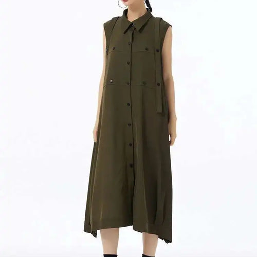 Load image into Gallery viewer, Women Army Green Button Big Size Midi Casual Shirt Dress New Lapel Sleeveless Fashion Tide Spring Summer 2025  1DH6614

