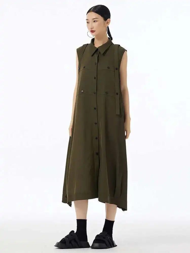 Women Army Green Button Big Size Midi Casual Shirt Dress New Lapel Sleeveless Fashion Tide Spring Summer 2025  1DH6614