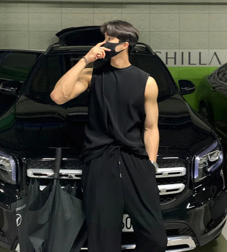 Pleated Sleeveless Vest Men's Summer Korean Tide Sports Leisure Wrinkled 2023 Autumn Summer Round Neck Solid Color 9A2393