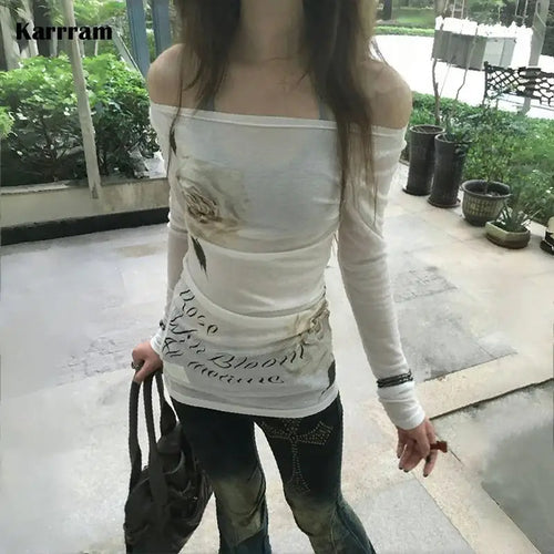 Load image into Gallery viewer, Japanese Y2k Off Shoulder Tops Vintage 2000s Style Knitted T-shirt Harajuku Flower Print Long Sleeve Sheer Tops American
