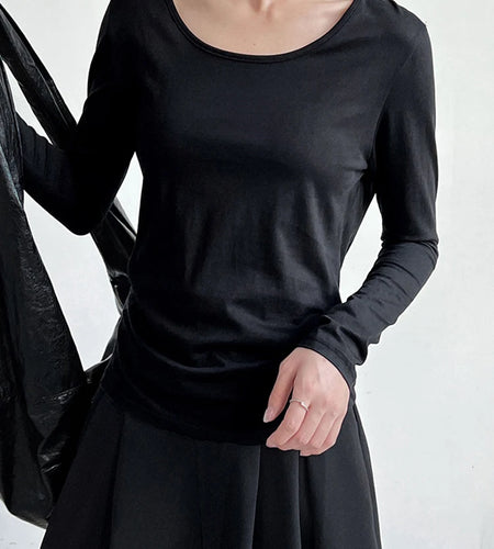 Women Gray Back Perspective Pleated Elegant Slim T-shirt New Round Neck Long Sleeve Fashion Spring Autumn 2025 1DJ0819