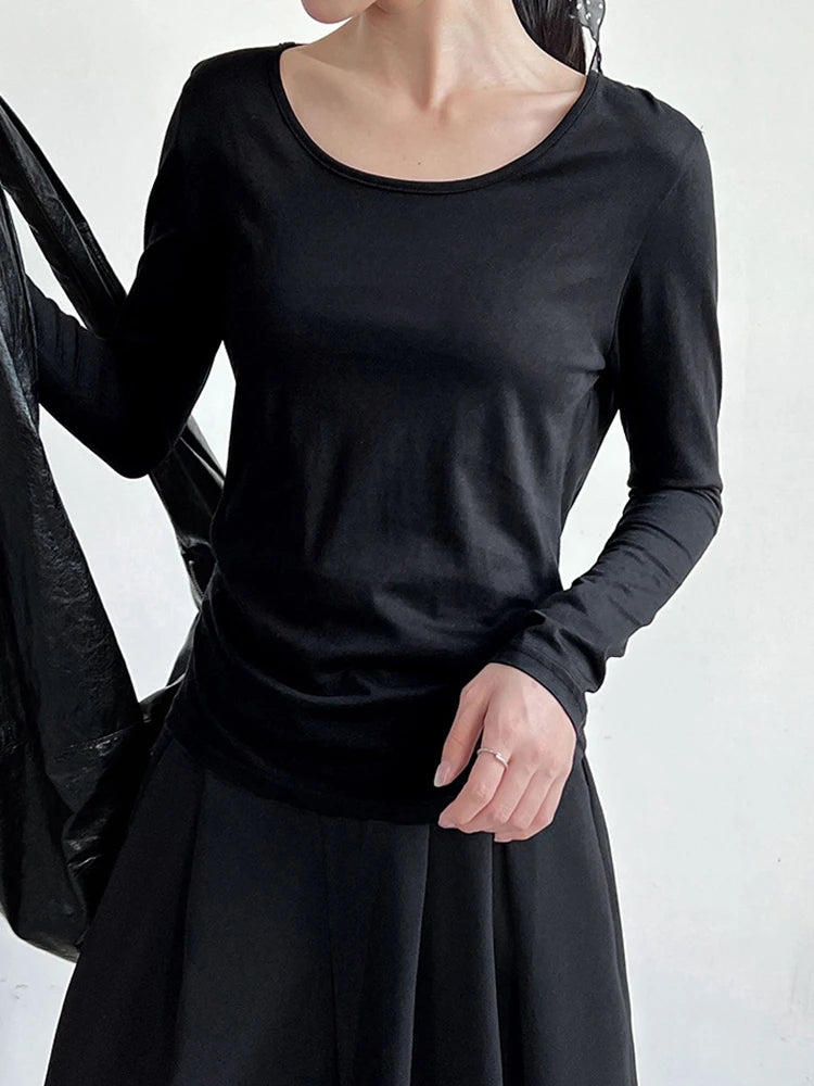 Women Gray Back Perspective Pleated Elegant Slim T-shirt New Round Neck Long Sleeve Fashion Spring Autumn 2025 1DJ0819