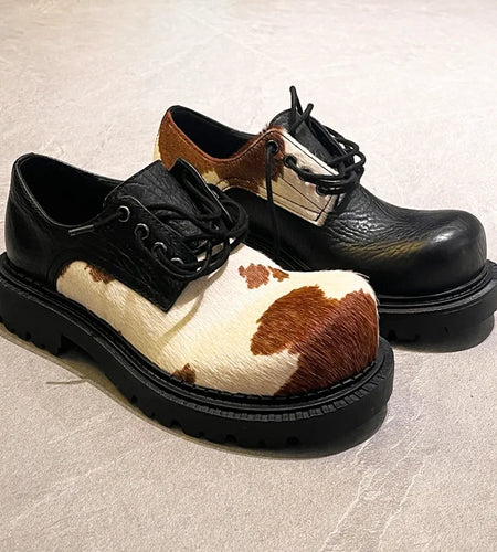 Cow Patterned PU Leather Men's Shoes Lace -up Contrast Color Casual Male Shoe Stylish Chunky Heels 2025 Spring 9C9231
