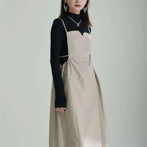 Load image into Gallery viewer, Women Apricot PU Leather Big Size Spaghetti Strap Dress New Square Collar Loose Fit Fashion Spring Autumn 2025 1DF4804
