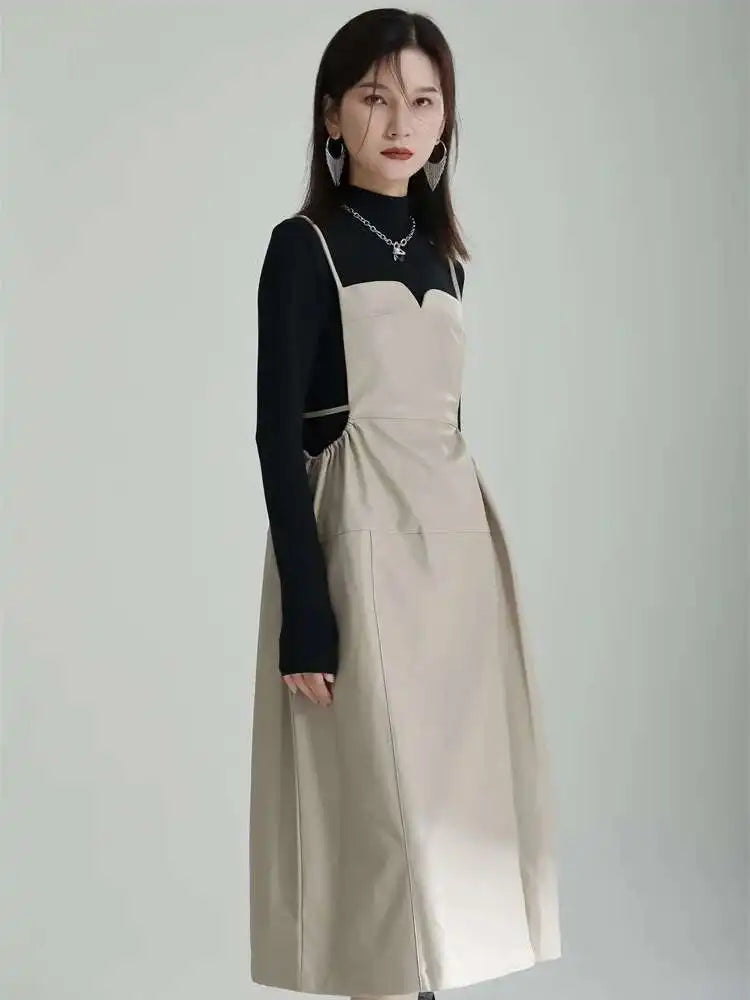 Women Apricot PU Leather Big Size Spaghetti Strap Dress New Square Collar Loose Fit Fashion Spring Autumn 2025 1DF4804