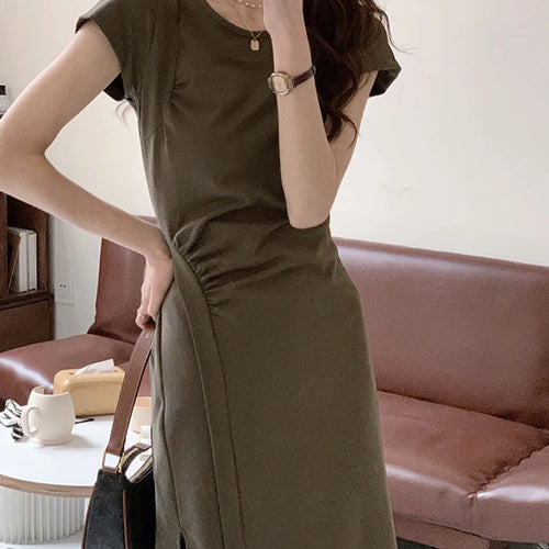 Load image into Gallery viewer, Slim Waist Spilt Hollow Women&#39;s Dresses French Style Chic Solid Color Pleated Fashion Female Dress Summer O-neck Dresses
