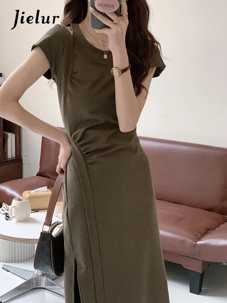 Slim Waist Spilt Hollow Women's Dresses French Style Chic Solid Color Pleated Fashion Female Dress Summer O-neck Dresses