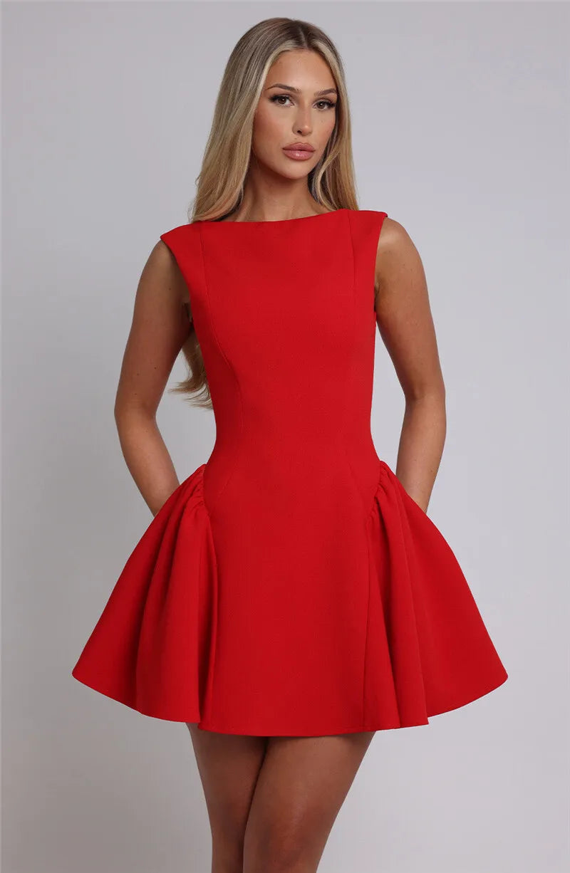 Backless High Waist A-line Sexy Mini Dress For Women Robe Fashion Solid O Neck Bodycon Club Party Sexy Dress Elegant