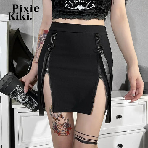 Load image into Gallery viewer, Double Zipper Split Mini Skirts for Women 2023 Gothic Dark Academia Clothes High Waist Black Skirt E Girls P80-CH23
