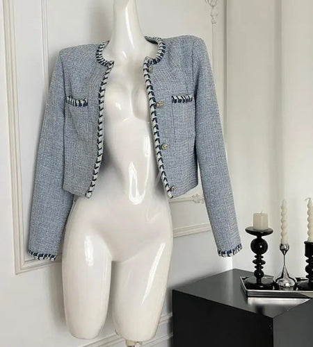 Autumn Winter New Women's Blue Patchwork Woolen Round Neck Long Sleeve Jacket French Temperament Single Breasted Short Tops Coat