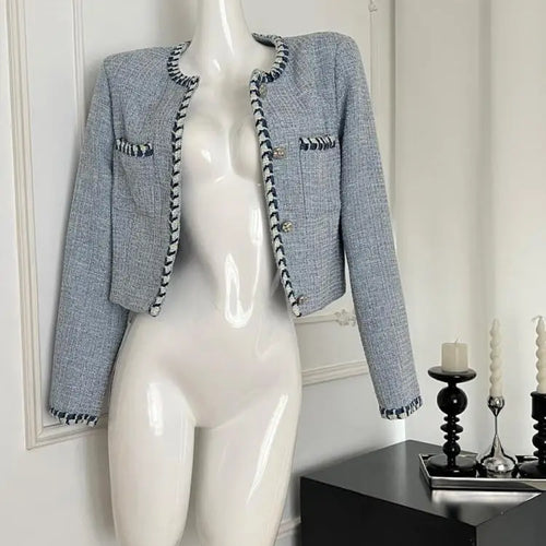 Load image into Gallery viewer, Autumn Winter New Women's Blue Patchwork Woolen Round Neck Long Sleeve Jacket French Temperament Single Breasted Short Tops Coat
