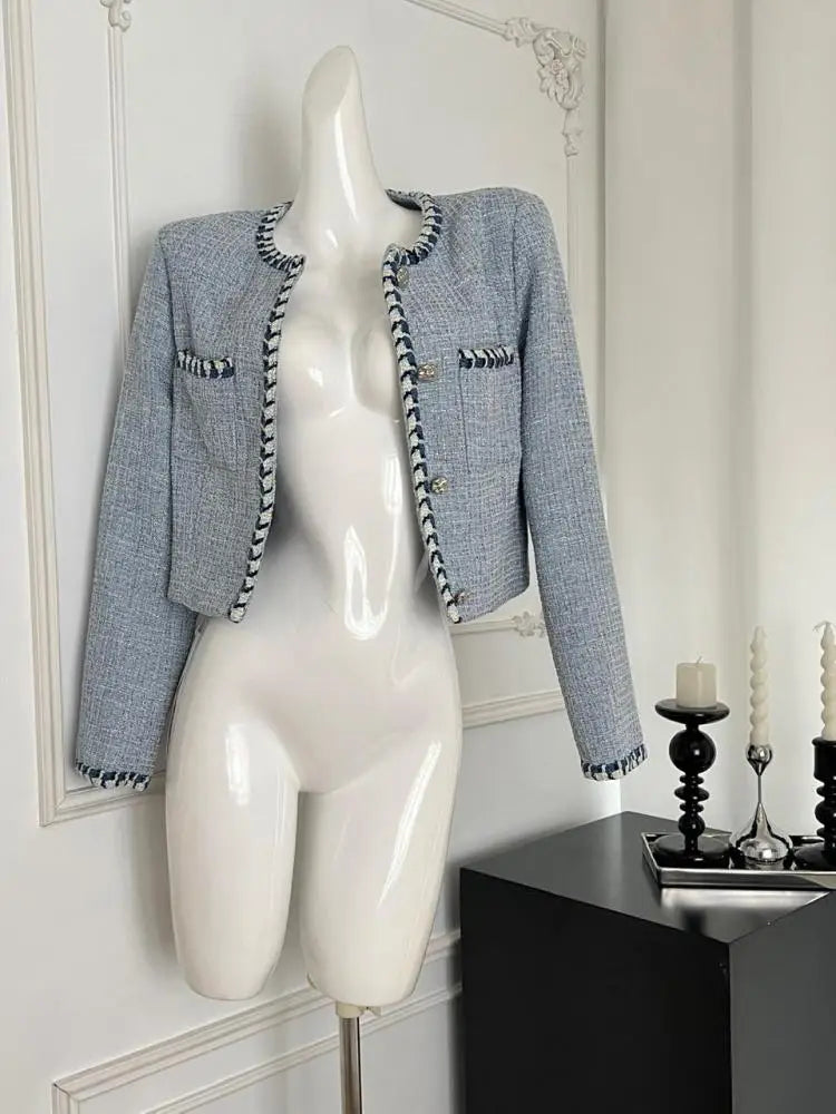 Autumn Winter New Women's Blue Patchwork Woolen Round Neck Long Sleeve Jacket French Temperament Single Breasted Short Tops Coat