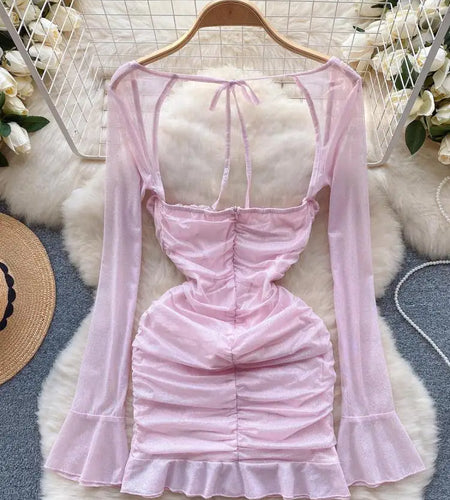 Pink Square Neck Low Cut Long Sleeve Pleated Bandage Mini Dress Women Autumn 2023 Elegant Slim Sexy Club Wrapped Hip Short Dress