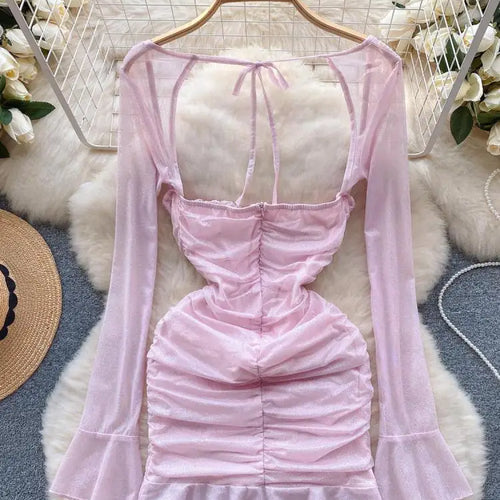 Load image into Gallery viewer, Pink Square Neck Low Cut Long Sleeve Pleated Bandage Mini Dress Women Autumn 2023 Elegant Slim Sexy Club Wrapped Hip Short Dress
