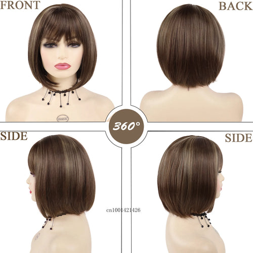 Load image into Gallery viewer, Synthetic Female Short Bob Wig with Bangs Highlights Mix Brown Bobs Mommy Wigs Natural Hairstyles Short Haircuts Lady Wig Casual
