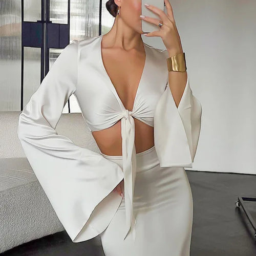 Load image into Gallery viewer, Elegant Flare Sleeves Satin Slim Long Dress Two Piece Set For Women's Summer New Sexy Lace Up Short Top Long Dress Set
