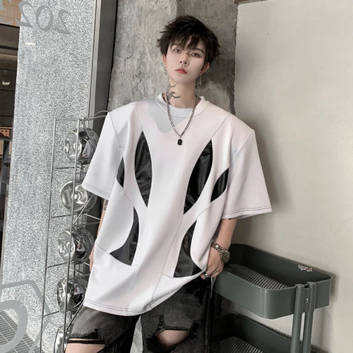 Load image into Gallery viewer, Trendy T-shirt PU Leather Patchwork Men Round Neck Geometric Pattern Men&#39;s Loose Top Short Sleeve Summer 28W3330
