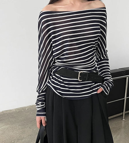 Women Black Striped Irregular Eelgant Big Size T-shirt New Skew Collar Long Sleeve Fashion Tide Spring Autumn 2025 1DJ1308