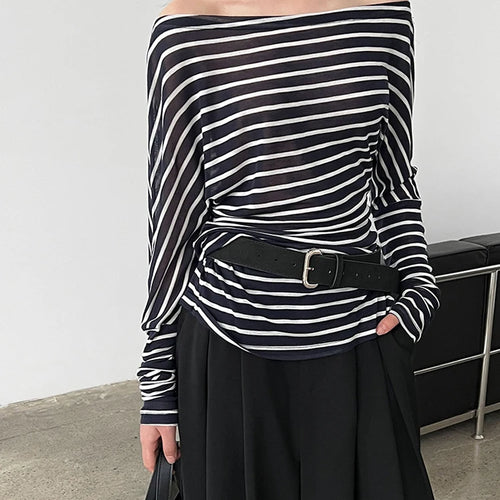 Load image into Gallery viewer, Women Black Striped Irregular Eelgant Big Size T-shirt New Skew Collar Long Sleeve Fashion Tide Spring Autumn 2025 1DJ1308
