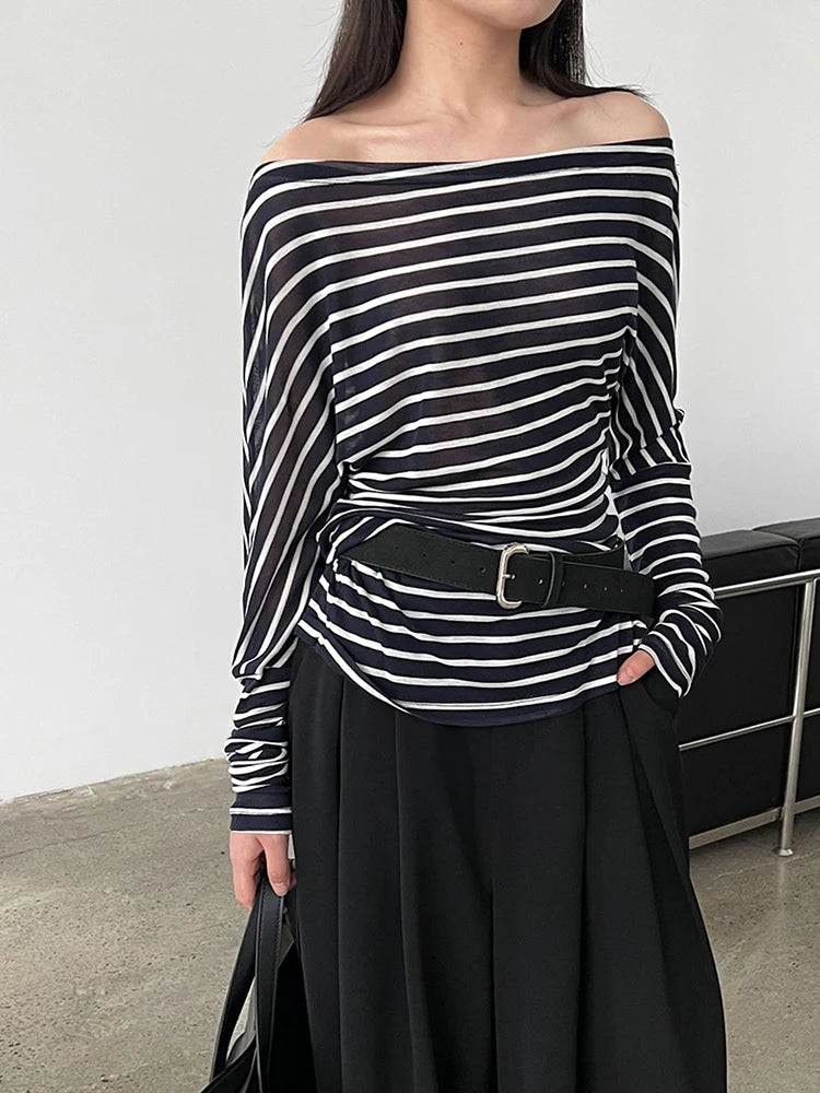 Women Black Striped Irregular Eelgant Big Size T-shirt New Skew Collar Long Sleeve Fashion Tide Spring Autumn 2025 1DJ1308