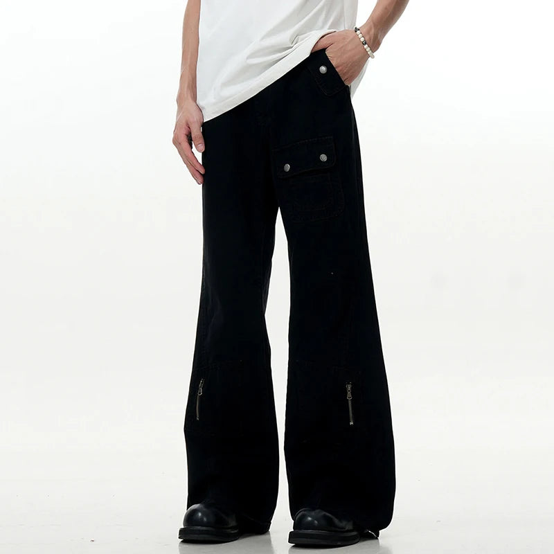Men's Cargo Pants New American High Street Zipper Design Straight Wide Leg Solid Color Simple Male Trousers 2025 9W1954