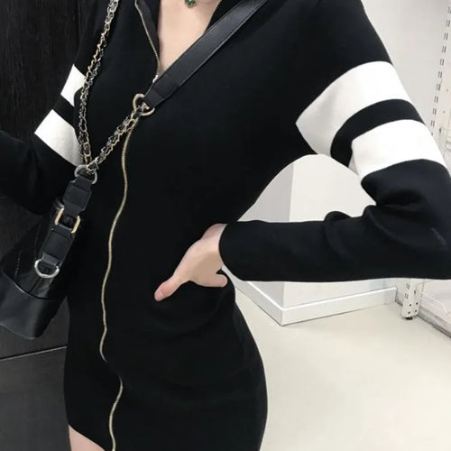 Load image into Gallery viewer, Korean Zip Black Bodycon Mini Dress Women 2024 Spring Kpop Striped Streetwear Wrap Long Sleeve Short Dresses Chic
