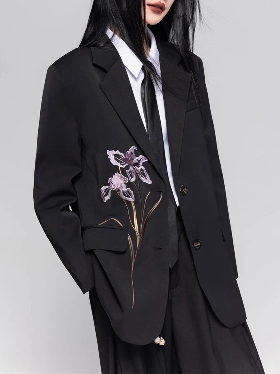 Solid Loose Spliced Embroidery Elegant Blazers for Women Lapel Long Sleeves Patchwork Buttons Blazer Female Fashion