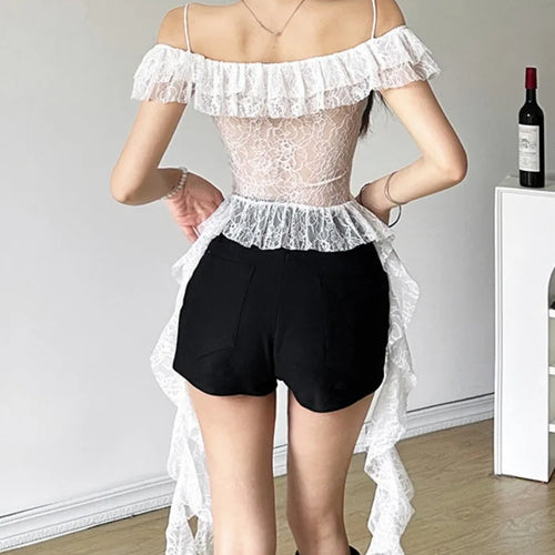 Load image into Gallery viewer, 2025 Y2k Aesthetic Lace Irregular Tops Vintage Harajuku Hollow Out Summer T-Shirt Streetwear See Through Shirt Fairy Bandage Tee

