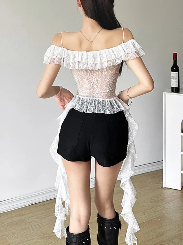 2025 Y2k Aesthetic Lace Irregular Tops Vintage Harajuku Hollow Out Summer T-Shirt Streetwear See Through Shirt Fairy Bandage Tee
