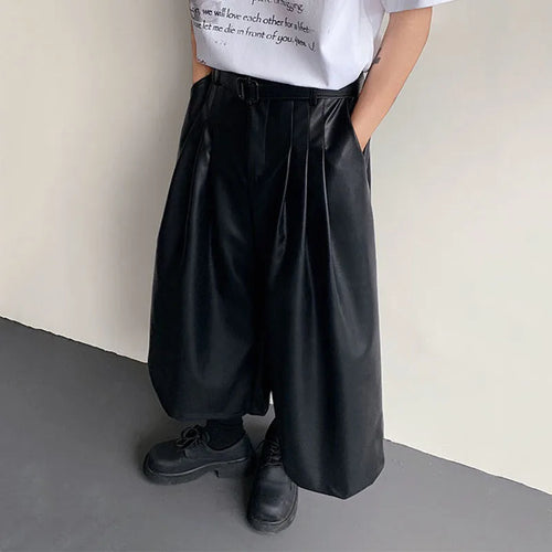 Load image into Gallery viewer, Men&#39;s PU Leather Shorts New American Style Wide Leg Solid Color Men Bottoms Male Trendy Loose Seven Quarter Pants 9W1521
