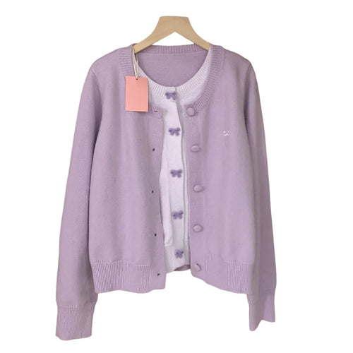 Load image into Gallery viewer, French Vintage Purple Patchwork Bow Single Breasted Cardigan Sweater Women Autumn Winter Round Neck Long Sleeve Knitwear Tops
