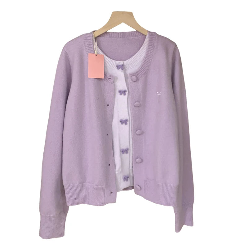 French Vintage Purple Patchwork Bow Single Breasted Cardigan Sweater Women Autumn Winter Round Neck Long Sleeve Knitwear Tops