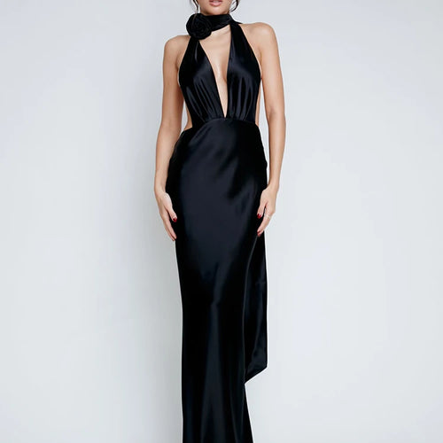 Load image into Gallery viewer, Deep V Backless Evening Dress for Women, Sexy Bodycon Dress, Satin Lace Up Flower Dress, Female Slim Party Night Clubwea
