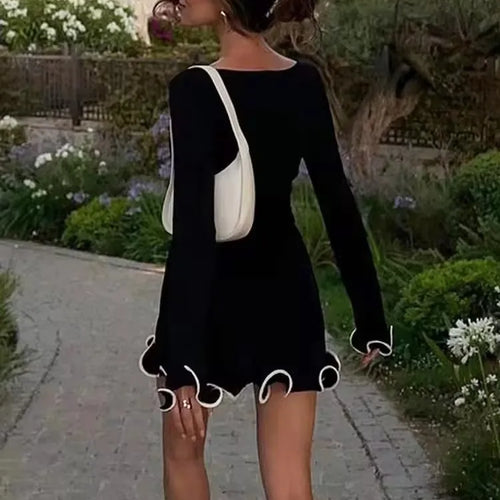 Load image into Gallery viewer, Long Sleeve Knit Mini Dress For Women Pullovers Sweater Dress Autumn Winter New Contrast Color O Neck Ruffled Dress
