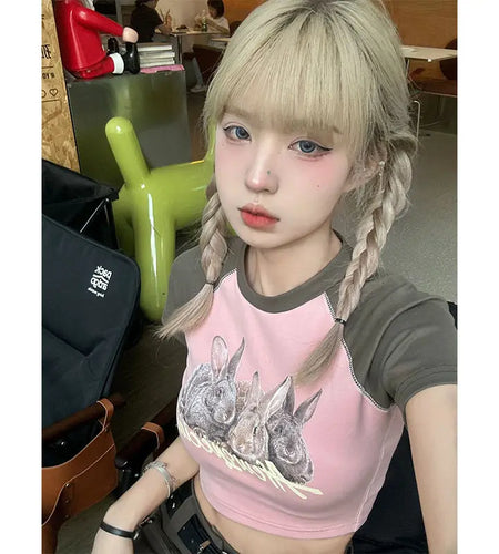 Rabbit Print Tshirts Women Summer Fashion Tees Y2k Tops 2024 Ropa Mujer O-neck Short Sleeve Crop T Shirt Casual Korean T-shirt