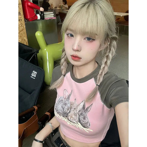 Load image into Gallery viewer, Rabbit Print Tshirts Women Summer Fashion Tees Y2k Tops 2024 Ropa Mujer O-neck Short Sleeve Crop T Shirt Casual Korean T-shirt

