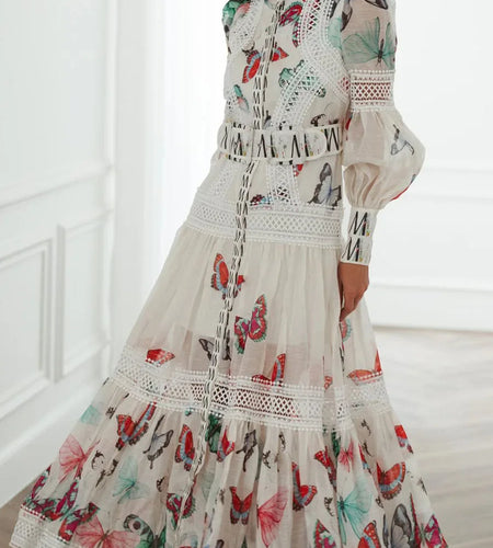 Printing Sheer Spliced Single Breasted Dresses for Women Round Neck Long Sleeves Patchwork Belt Dress Female New