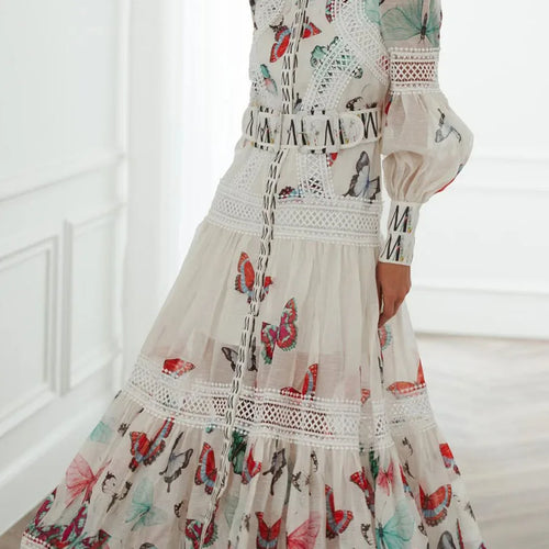 Load image into Gallery viewer, Printing Sheer Spliced Single Breasted Dresses for Women Round Neck Long Sleeves Patchwork Belt Dress Female New
