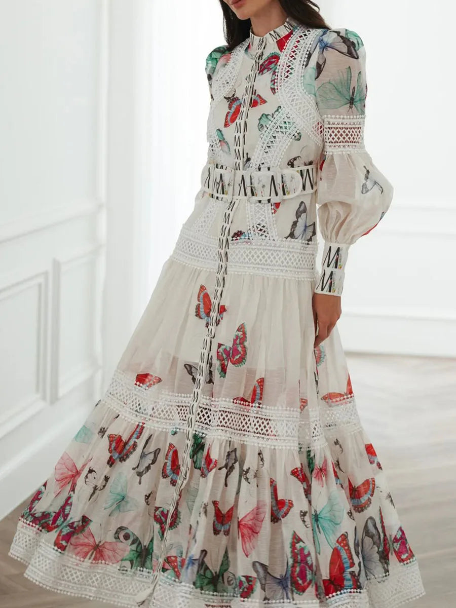 Printing Sheer Spliced Single Breasted Dresses for Women Round Neck Long Sleeves Patchwork Belt Dress Female New